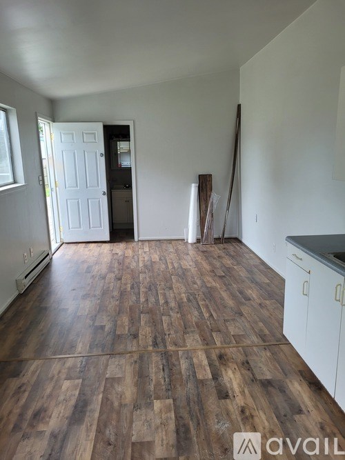 A room with wooden flooring and a white door.