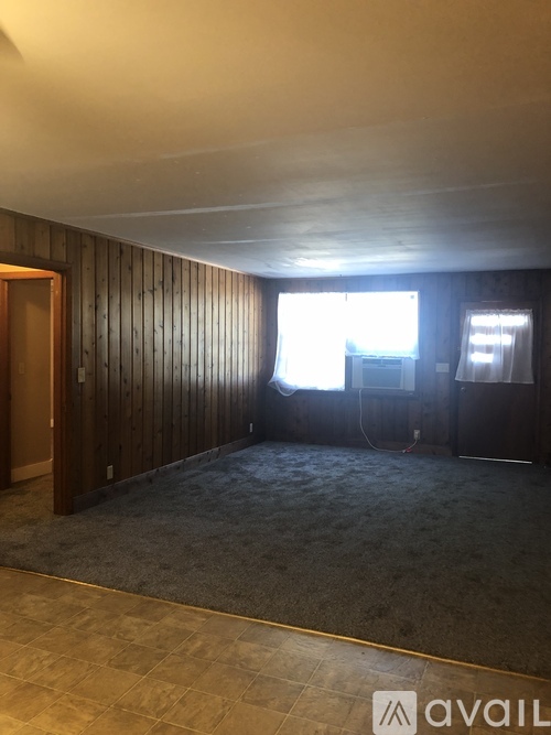 A room with wooden walls and a carpeted floor.