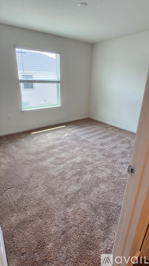A room with a carpeted floor and a window.