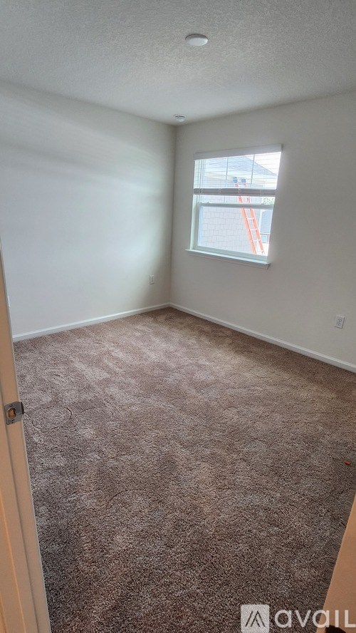 A room with a carpeted floor and a window.