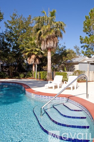 A pool with a slide and a palm tree in the background.