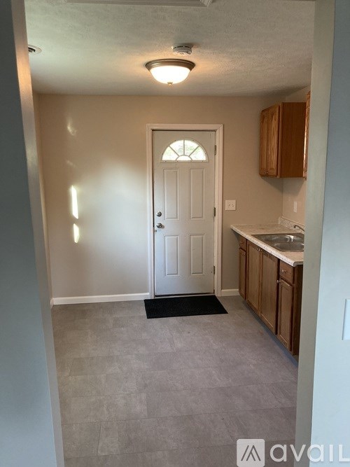 A kitchen with a white door and a sink.