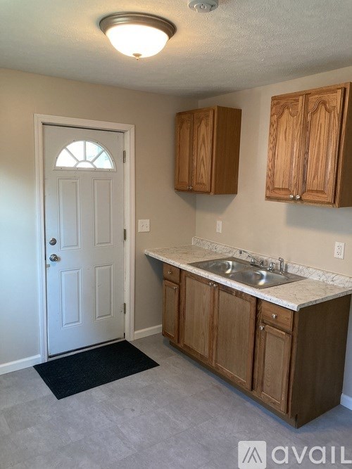 A kitchen with wooden cabinets and a white door.