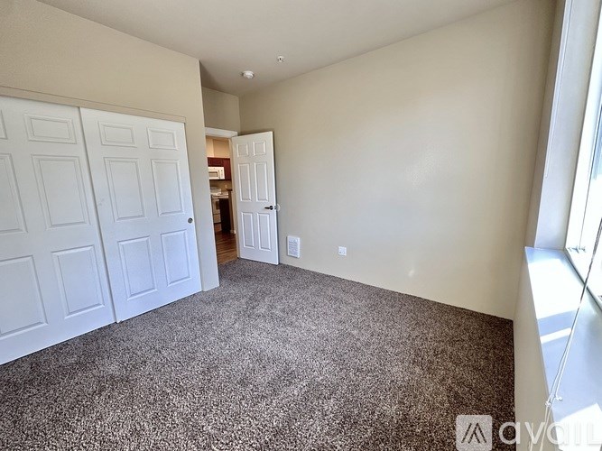 A room with white doors and carpeted floor.