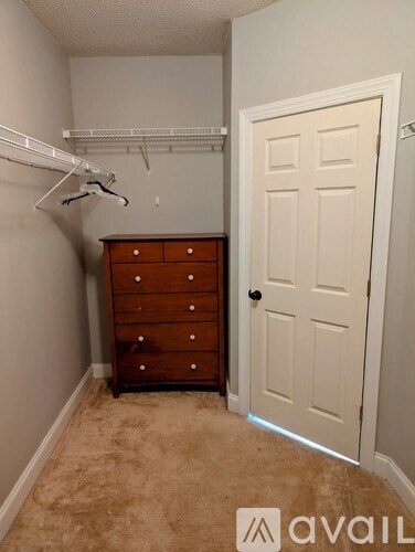 A room with a white door, a wooden chest of drawers and a clothes rack.