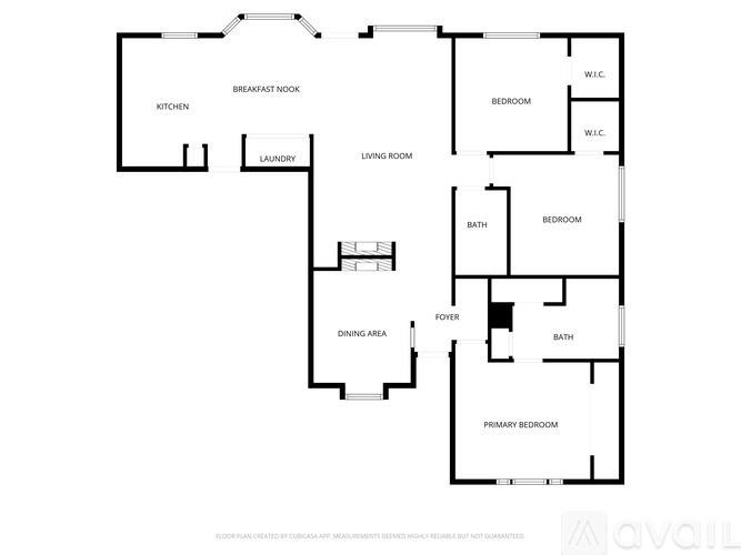 A floor plan of a house with a kitchen, breakfast nook, laundry, dining area, living room, and multiple bedrooms.