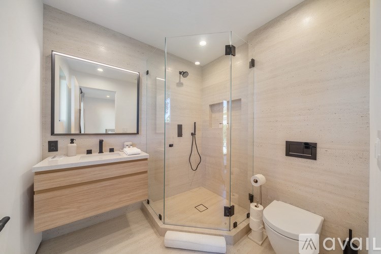 A modern bathroom with a walk-in shower and a vanity with a mirror above it.