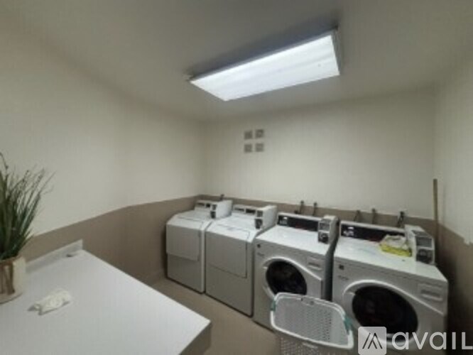A row of washing machines are lined up in a wall.