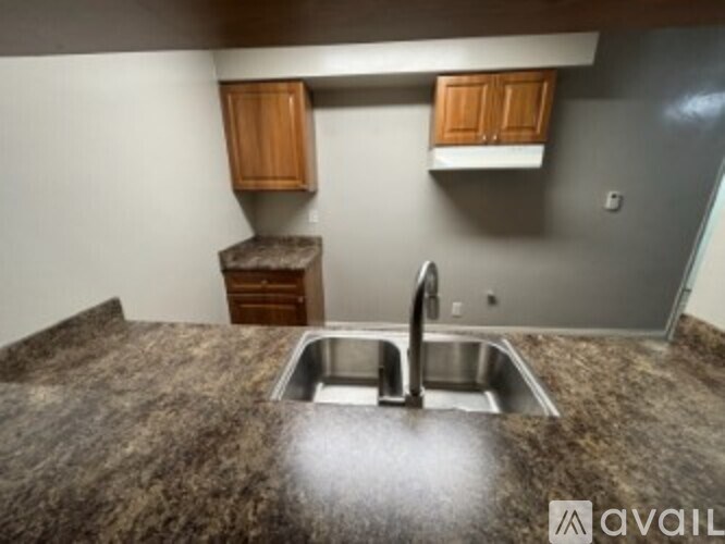 A kitchen with a granite countertop and a sink.
