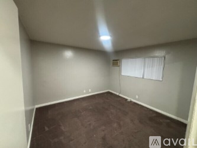 A room with a brown carpet and a window with white curtains.