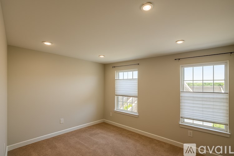 A room with two windows and carpeted floor.