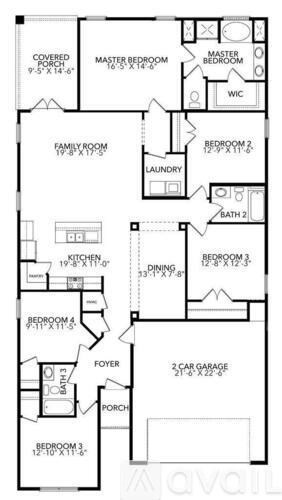 A floor plan of a house with labeled rooms and dimensions.