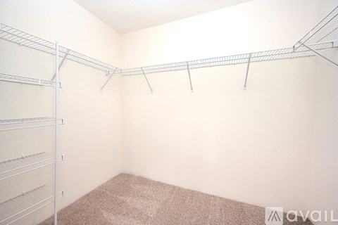 A room with a carpeted floor and a wall-mounted shelving unit.