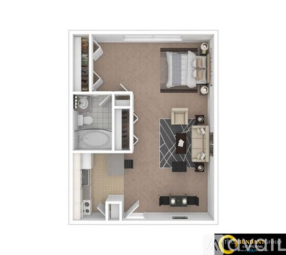 A floor plan of a small apartment with a kitchen, living room, and bathroom.
