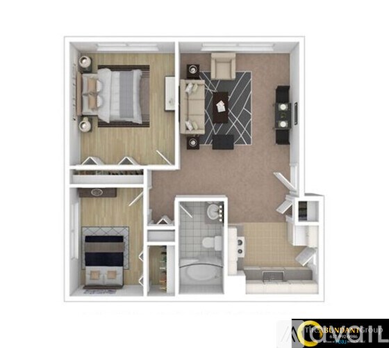 A floor plan of a small apartment with a kitchen, living room, and two bedrooms.