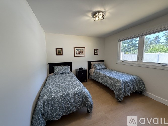 Two beds with blue bedspreads in a room with white walls.
