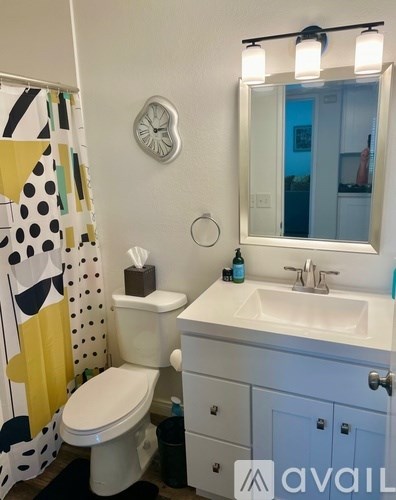 A bathroom with a toilet, sink, mirror, and shower curtain.
