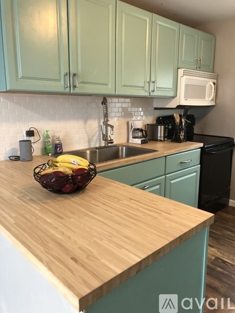 A kitchen with a wooden counter top and green cabinets.