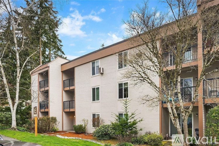 A modern apartment building with balconies and surrounded by trees.