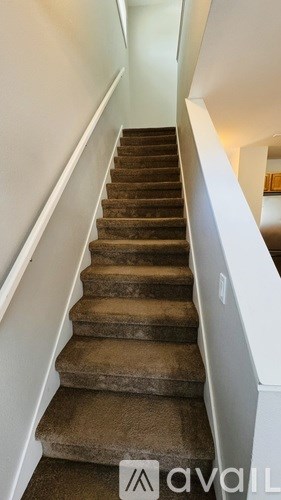 A staircase with a carpeted runner and a metal handrail.