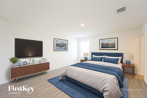 A bedroom with a bed, a television, and two pictures on the wall.