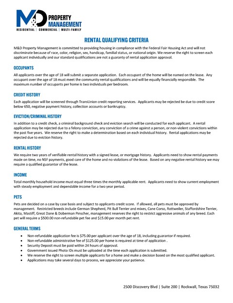 A document outlining the rental qualifying criteria for a property management company.