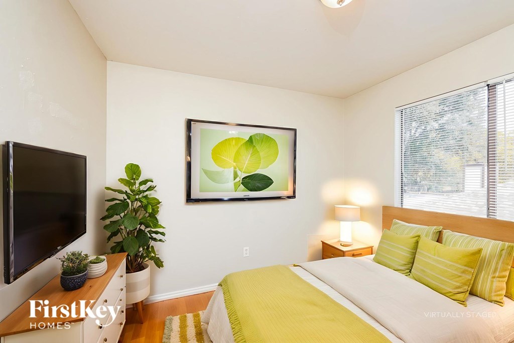 A bedroom with a bed, a television, and a plant.