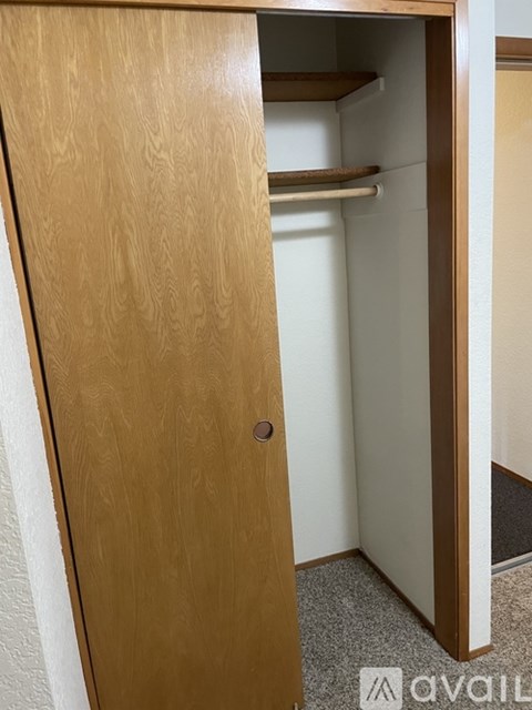 A wooden wardrobe with a shelf is open.