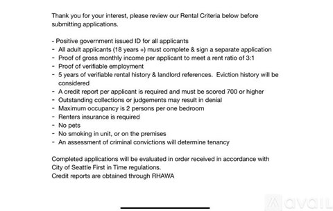 A document outlining rental criteria including the requirement of a positive government issued ID.