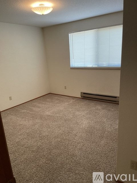 A carpeted room with a window and a wall-mounted light fixture.