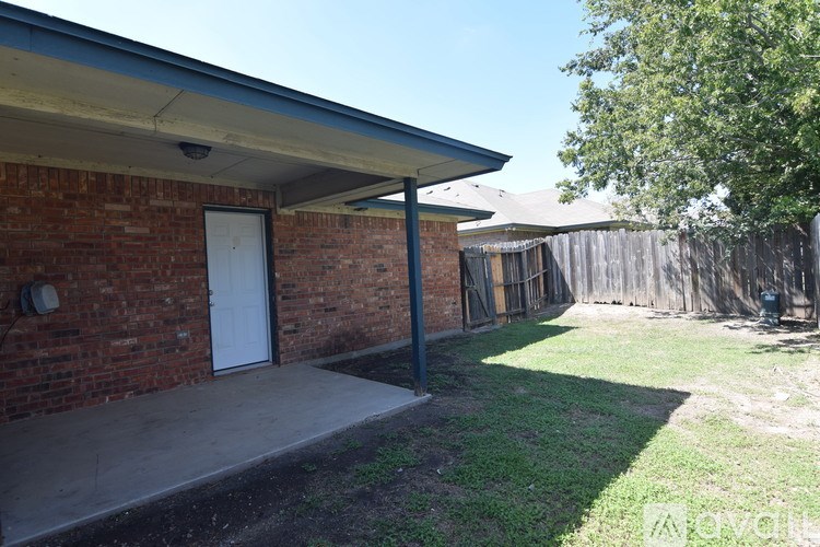 A backyard with a wooden fence and a tree.