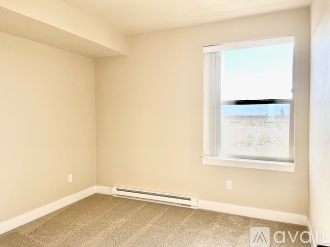 A room with a window and a carpeted floor.