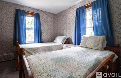 A bedroom with a large bed and two windows with blue curtains.