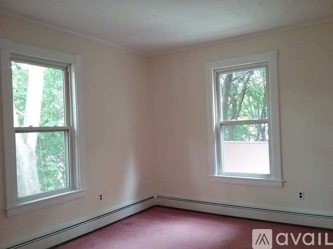 A room with two windows and a red carpet.