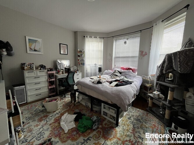 A messy bedroom with a bed in the center and a rug on the floor.