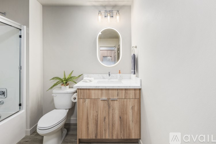 A bathroom with a white toilet, a wooden cabinet, and a round mirror above the sink.