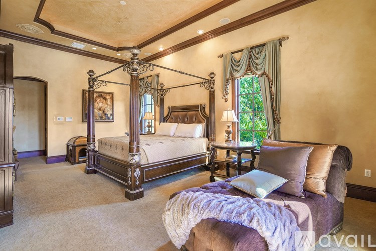 A bedroom with a large bed and a canopy.