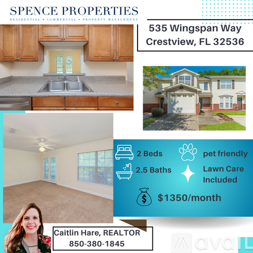 A real estate advertisement for a property at 535 Wingspan Way, Crestview, FL 32536, managed by Spence Properties, featuring a kitchen and living room, and a house exterior.