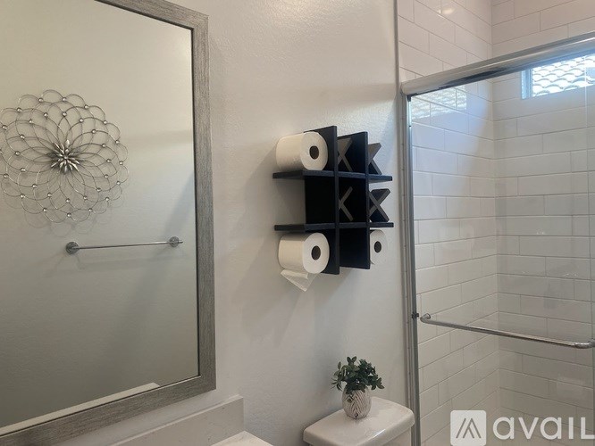 A bathroom with a toilet paper holder and a mirror.