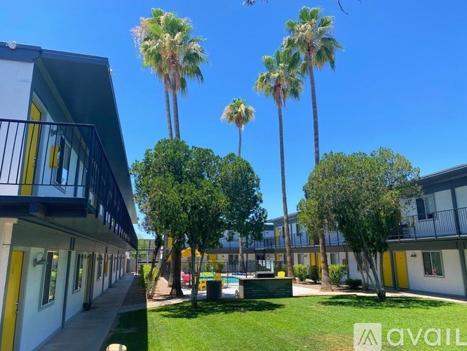 A sunny day at a residential area with palm trees and apartment buildings.