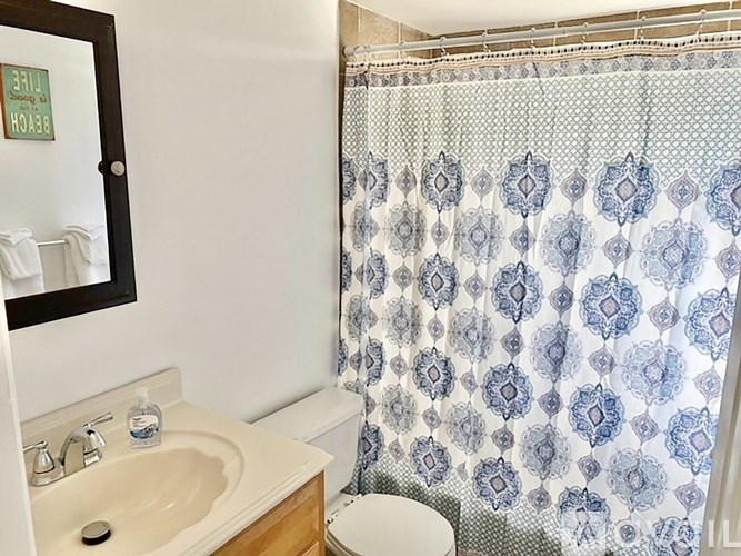 A bathroom with a sink, toilet, and shower curtain.