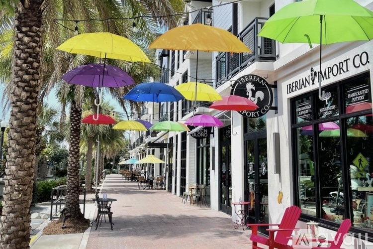 A row of colorful umbrellas hang over a sidewalk.