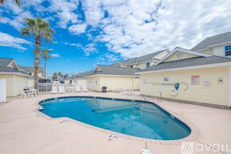 A swimming pool surrounded by a fence and a palm tree.