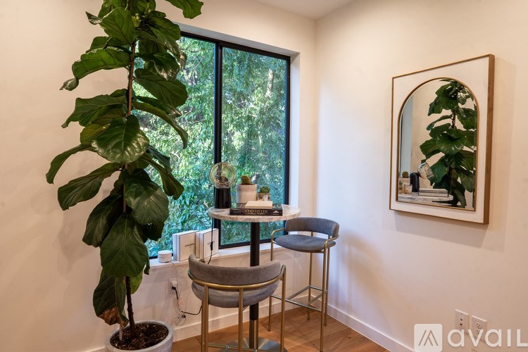 A potted plant sits on a table in front of a window.