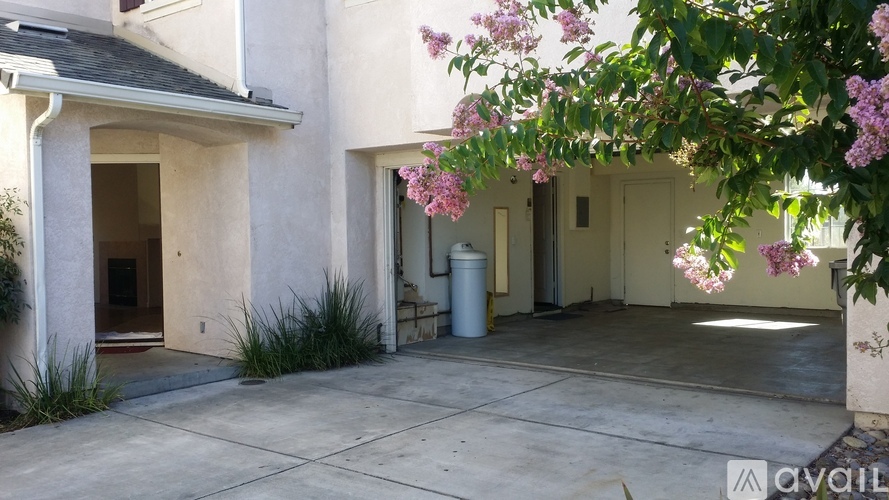 A house with a white exterior and a large front yard with a trash can and some plants.