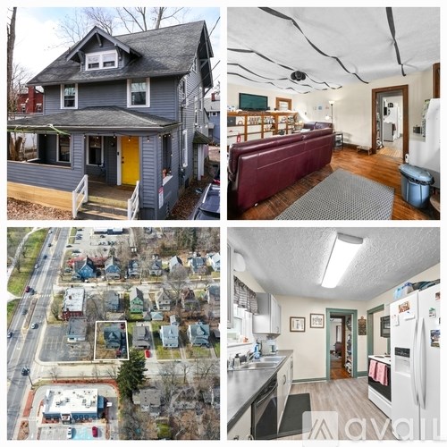 A collage of four images showing the exterior and interior of a house for sale.
