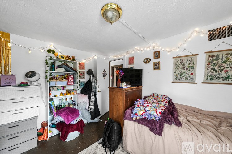 A bedroom with a bed, dresser, and a TV.