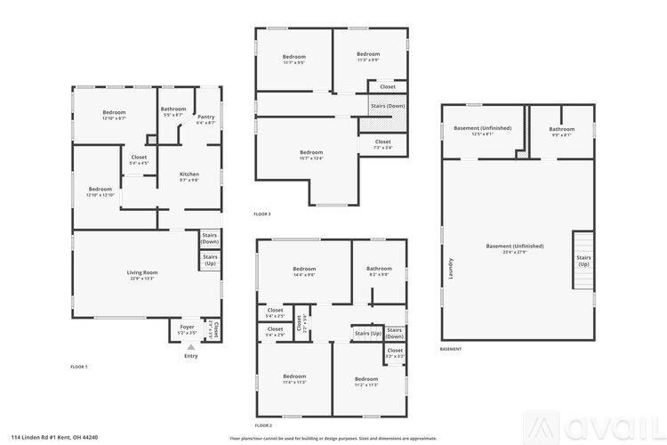 A set of four floor plans for a property located at 1751 Linden Rd, Kent, OH 43220.