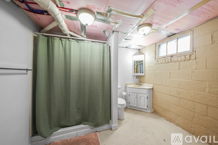 A bathroom with a green shower curtain and a white toilet.