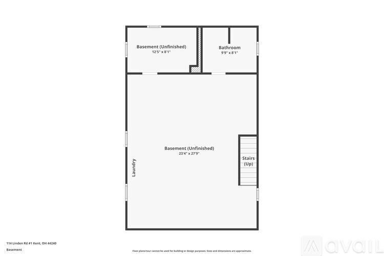 A floor plan of a basement with a laundry room and two bathrooms.